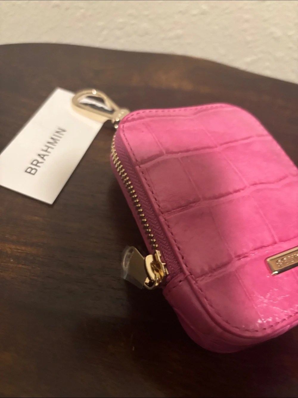 Brahmin Magenta Croc-Embossed Key Pouch with Gold Hardware